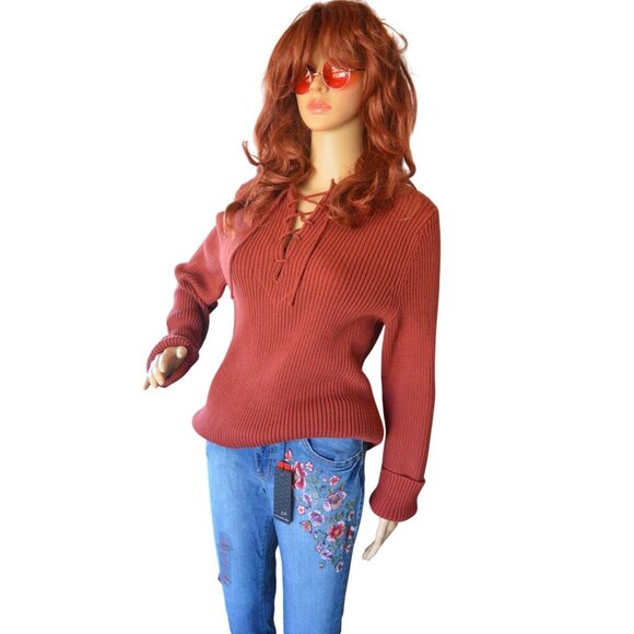 Vintage Express Ribbed Knit Sweater Rust Red Orange Women's M Boho Earth Girl - Picture 3 of 8